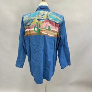 Vintage Hand Painted Denim Jacket Southwestern Desert Scene Cactus 90s Size 14